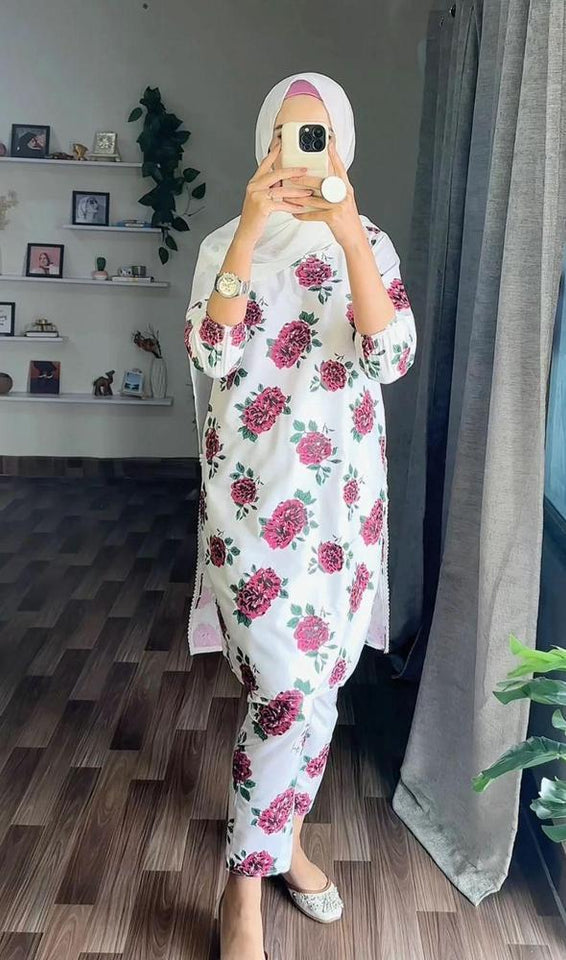 2 Pcs Women's Stitched Linen Embroidered Shirt And Trouser