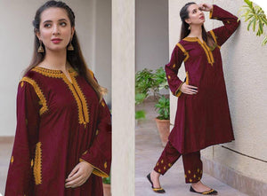 2 Pcs Women's Stitched Linen Embroidered Shirt And Trouser